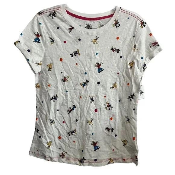 NEW DISNEY PARKS DISNEYLAND TEE SHIRT WOMENS MEDIUM WHITE POLKA DOT CHARACTERS - Picture 1 of 6